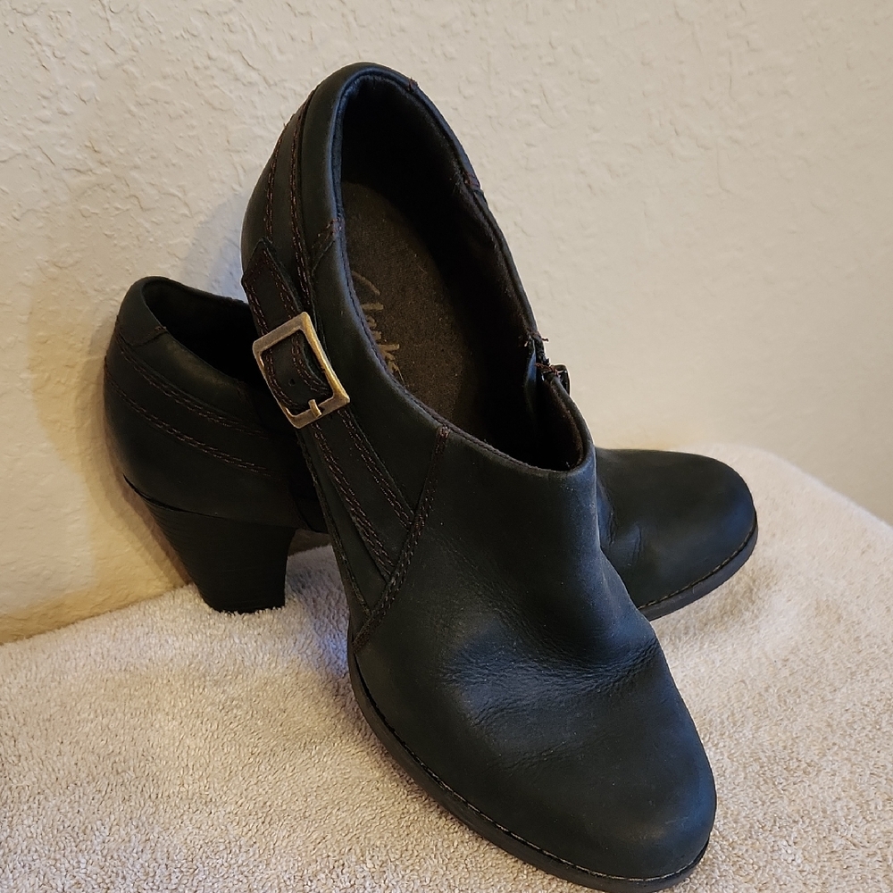 Clarks Espresso Heeled Boots with Buckle